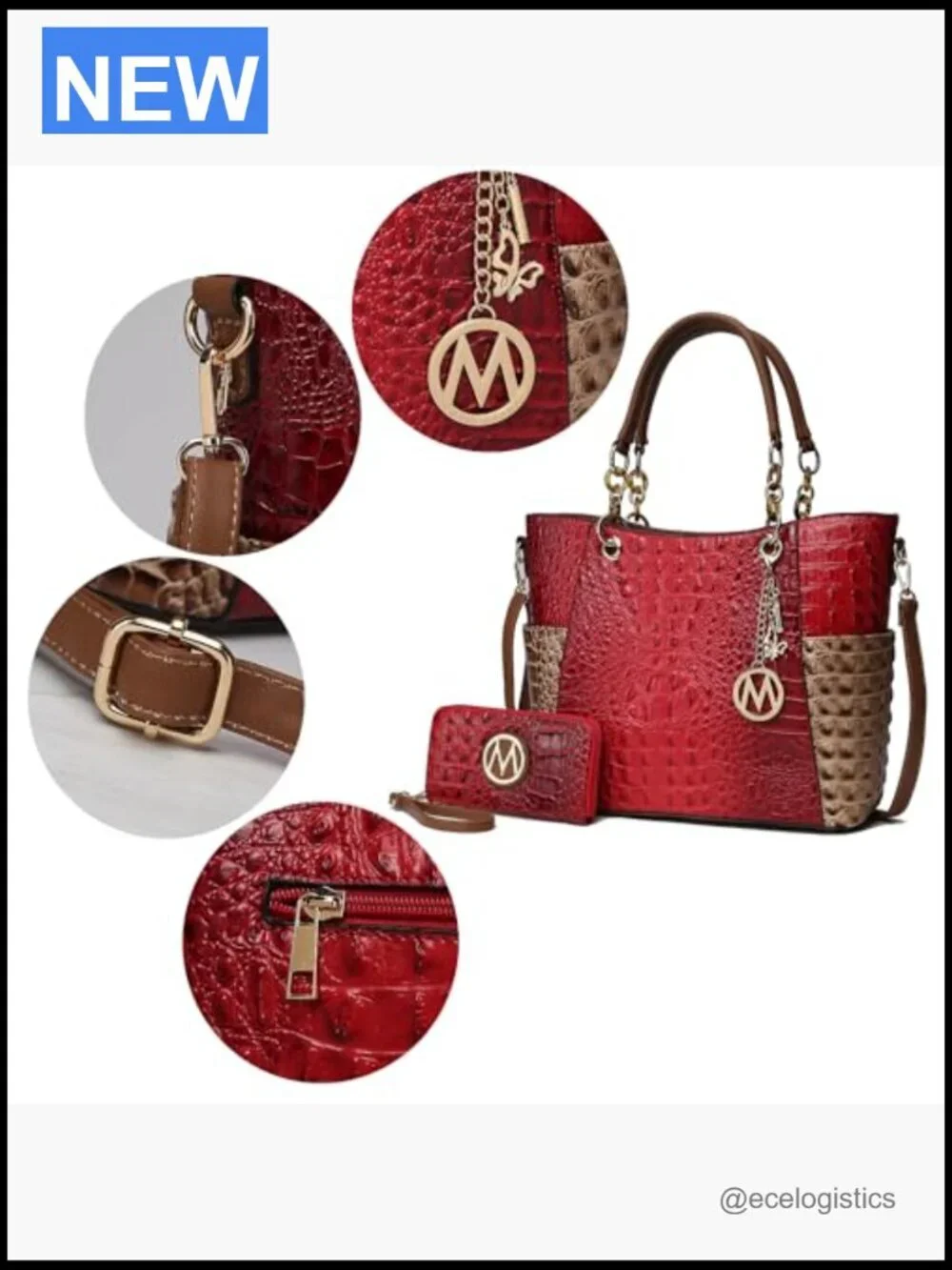Tote Bag & Wallet Set - Croc Embossed Vegan Leather - Adjustable Strap